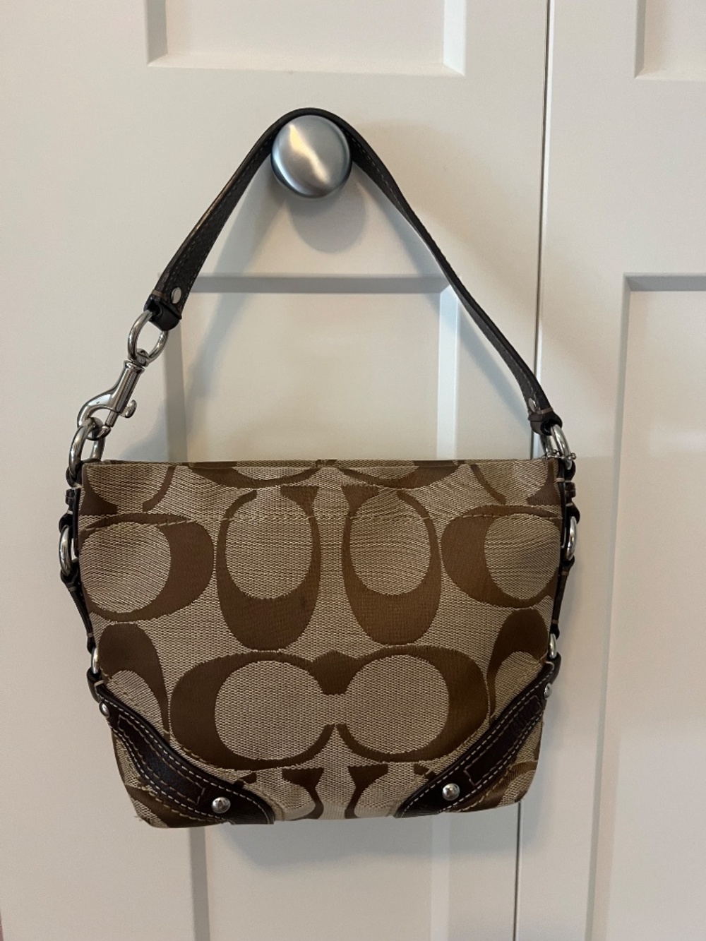 Coach Vintage Y2K Mini Carly Signature Jacquard Brown Leather Trim Shoulder Bag - Picture 2 of 10
